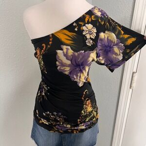 Y2k Floral One Shoulder‎ Top Ruched Black Purple Yellow Party Blouse